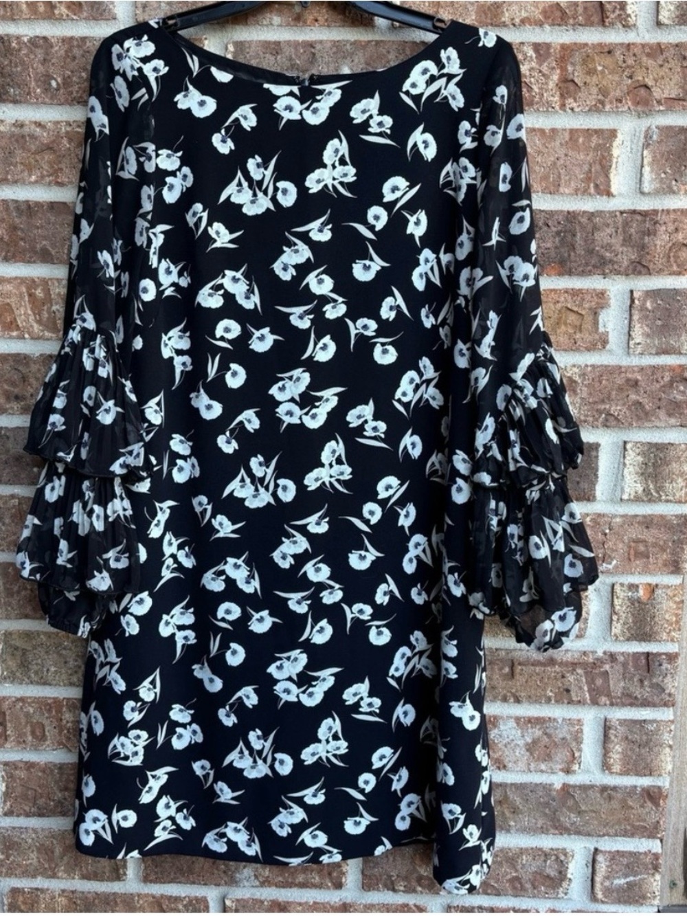 Ann Taylor Black Floral Bell-Sleeve Shift Dress